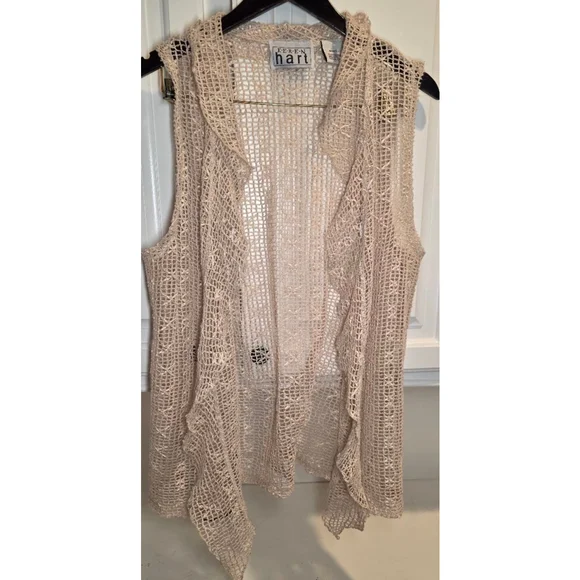 Boho Coastal Cowgirl Crochet Vest Festival Layering Beige L - Picture 3 of 7